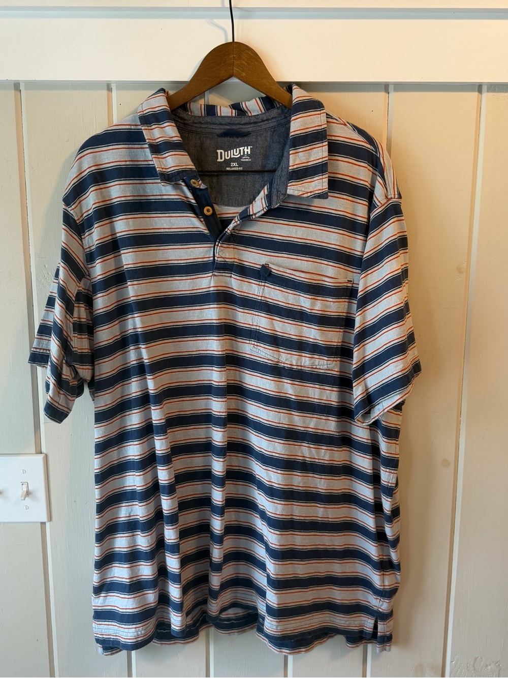Duluth Trading Co Men’s Navy White Orange Striped Polo, Size XXL